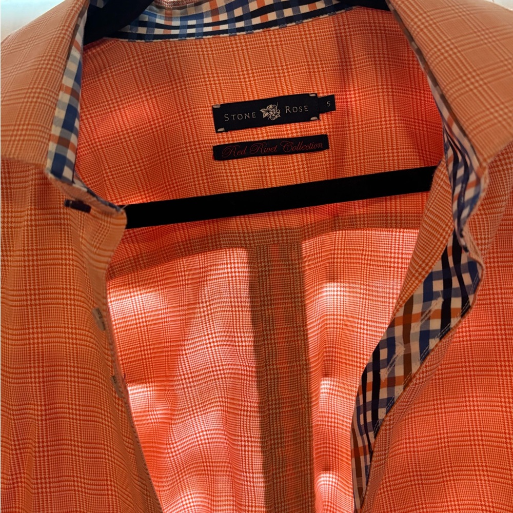Stone Rose Orange Casual Button Down Shirt with Gingham Trim